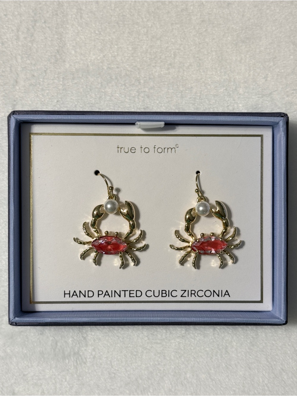 True To Form Coral Red Crab Earrings with Pink Cubic Zirconia and Pearl